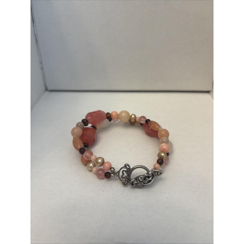 Barse Sterling Silver Stone Beaded Bracelet Double Strand 7.5" Designer 925 VTG